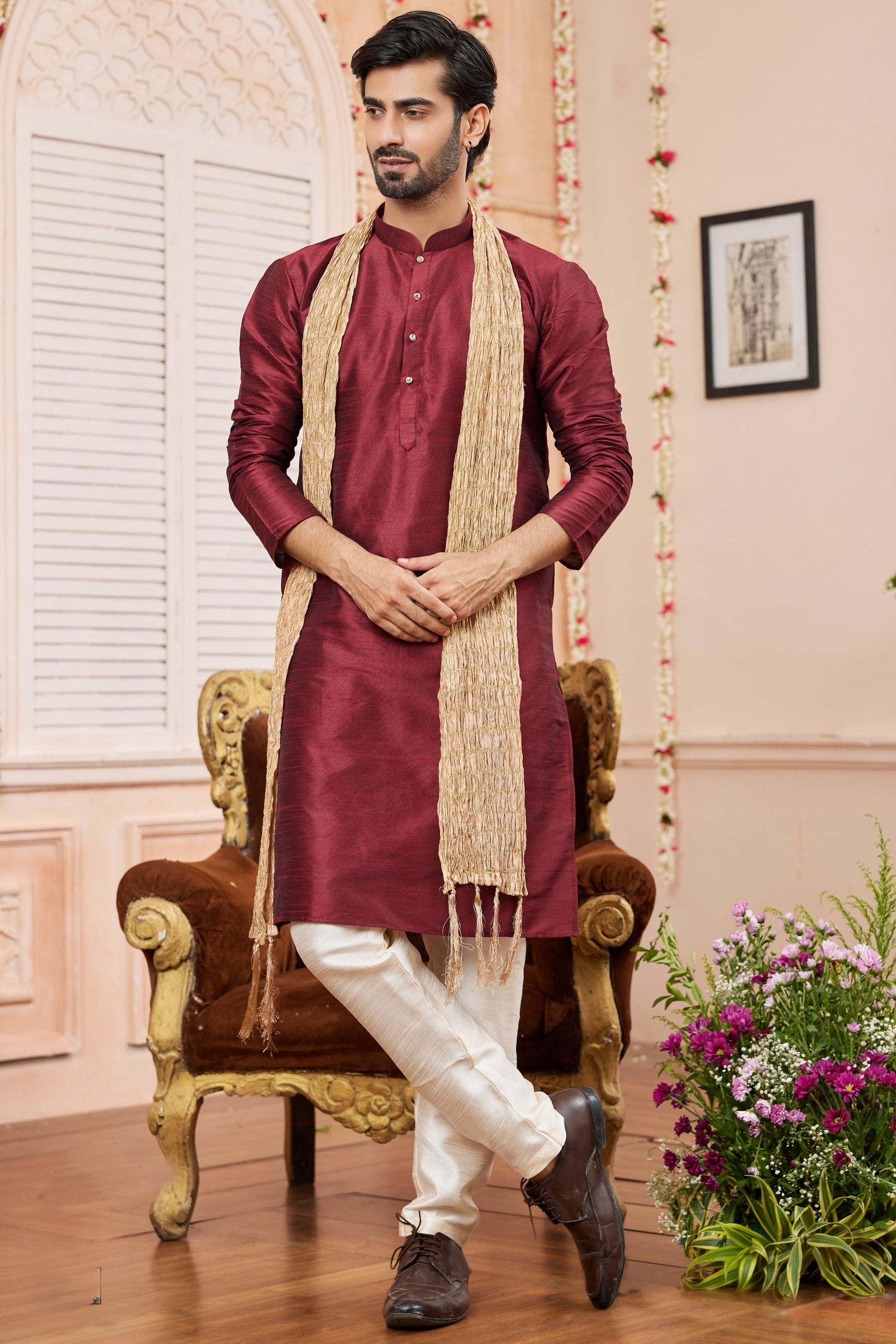 Men Stole Stall For Kurta Pajama Wine Art Silk Plain Kurta Pajama
