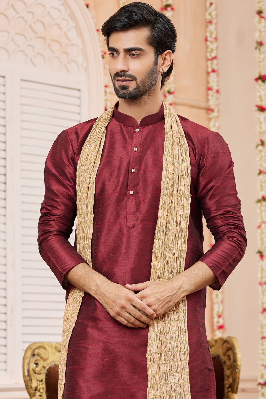 Wine Art Silk Plain Kurta Pajama with Stole Scarf for Men for Festivals & Wedding