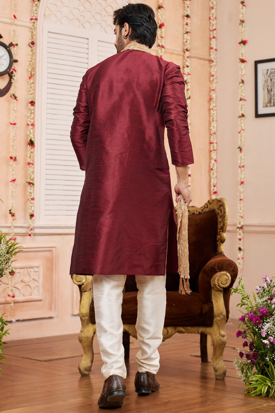 Wine Art Silk Plain Kurta Pajama with Stole Scarf for Men for Festivals & Wedding