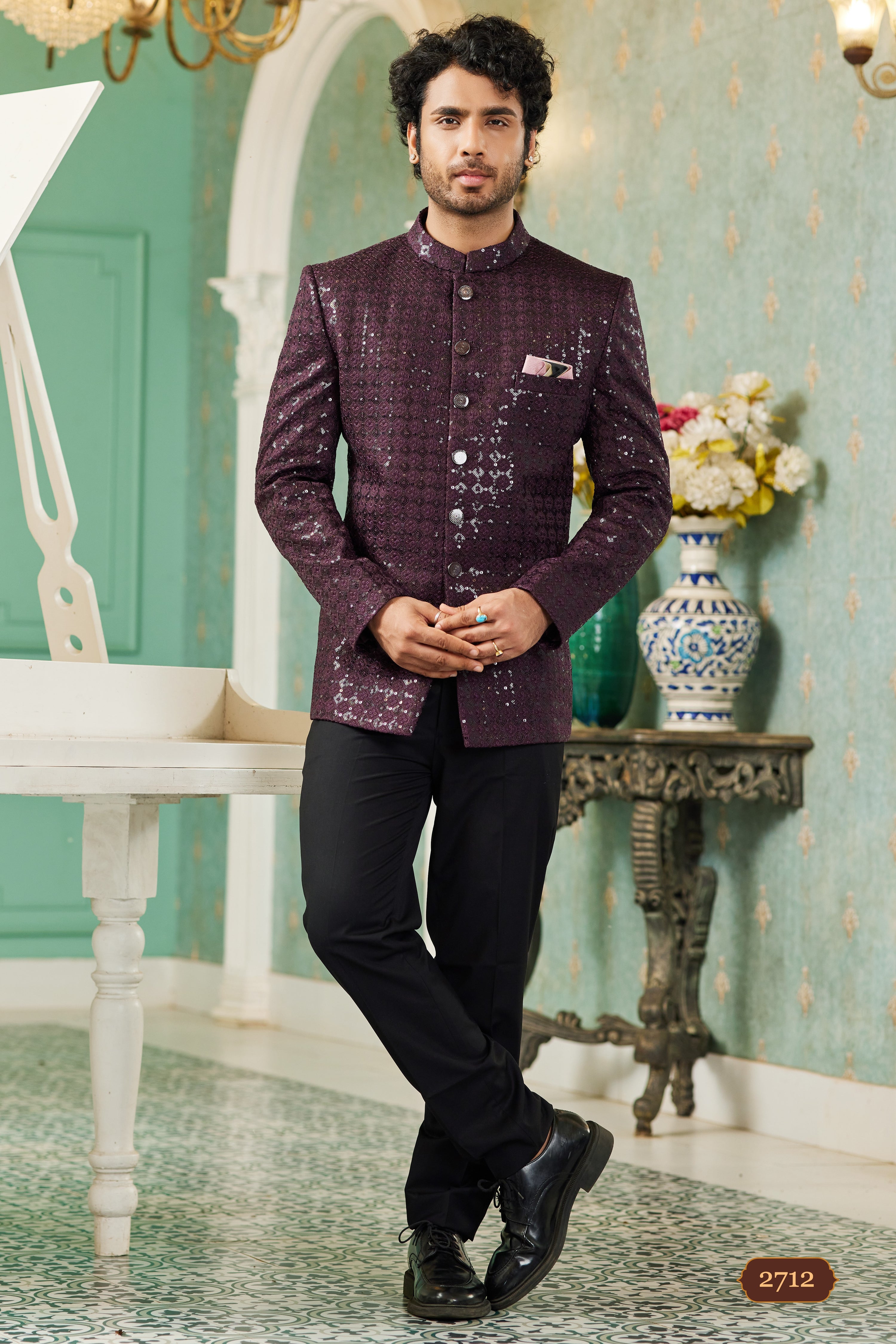 Wine Art Silk Traditional Jodhpuri Suits with Jacket & Pant for Men for Wedding - Thread Embroidery Work