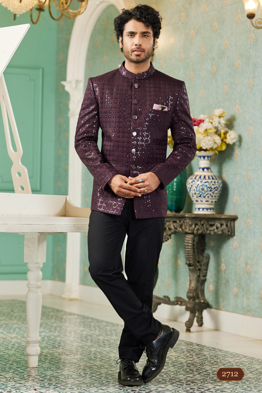 Wine Art Silk Traditional Jodhpuri Suits with Jacket & Pant for Men for Wedding - Thread Embroidery Work