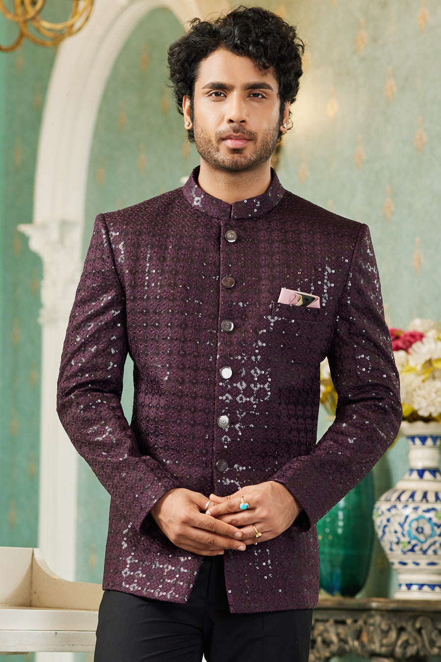 Wine Art Silk Traditional Jodhpuri Suits with Jacket & Pant for Men for Wedding - Thread Embroidery Work