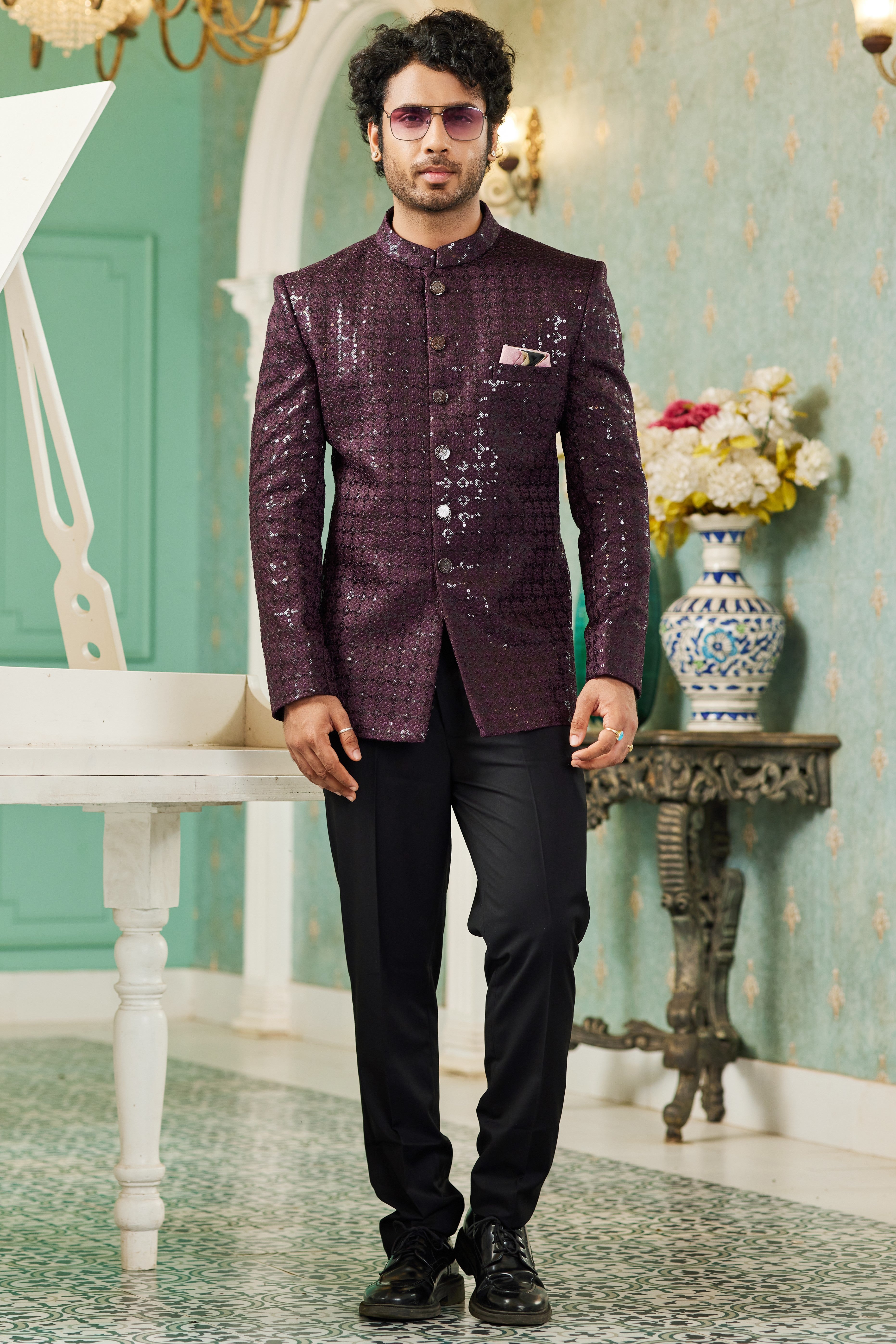Wine Art Silk Traditional Jodhpuri Suits with Jacket & Pant for Men for Wedding - Thread Embroidery Work