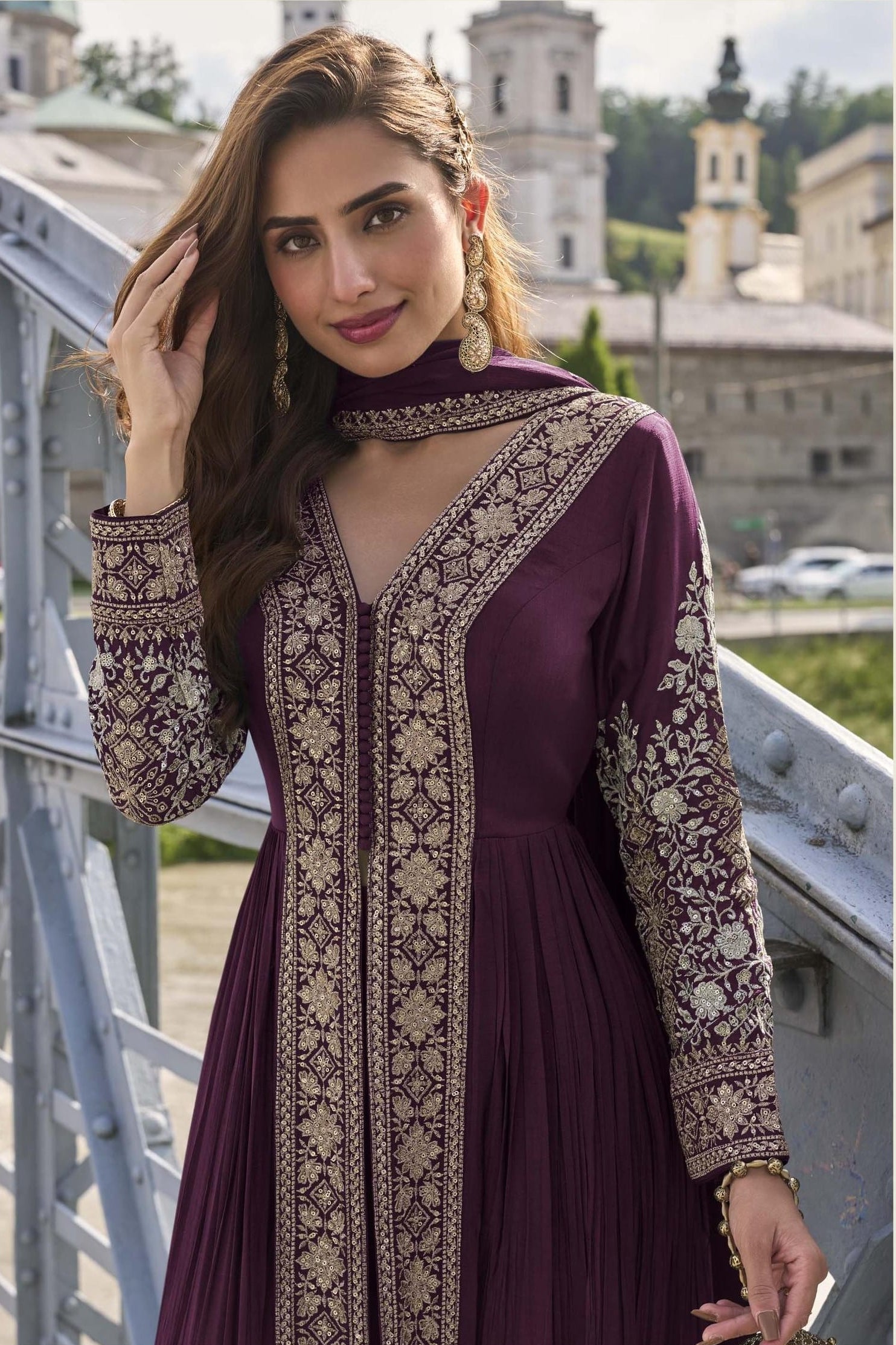 Wine Chinon Silk Front Slit Anarkali With Pent For Indian & Pakistani Wedding Festival - Sequins & Thread Embroidery Work