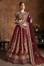 Wine Raw Silk Sequins Lehenga Dress Silk with Embroidery