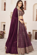 Wine Georgette Embroidered Lehenga Choli with Zari Work