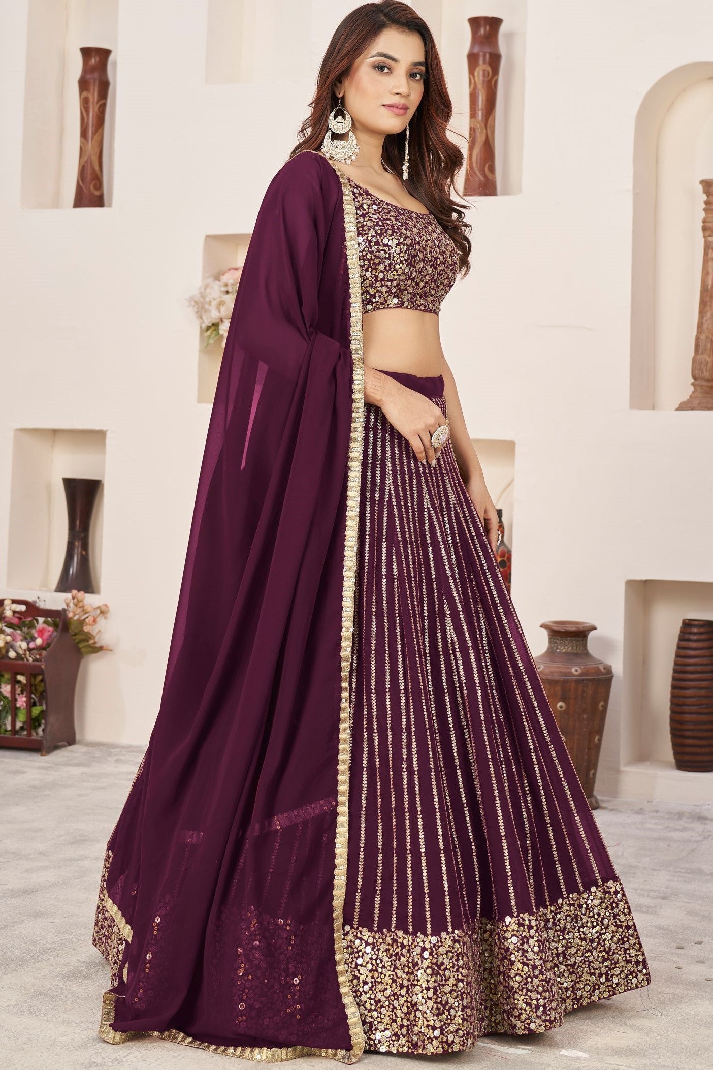 Wine Georgette Embroidered Lehenga Choli with Zari Work