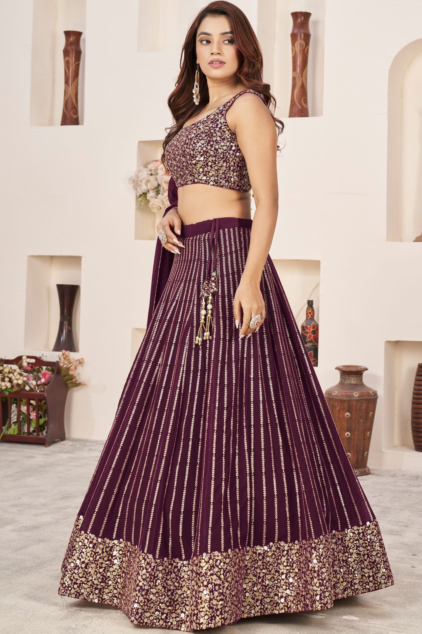 Wine Georgette Embroidered Lehenga Choli with Zari Work