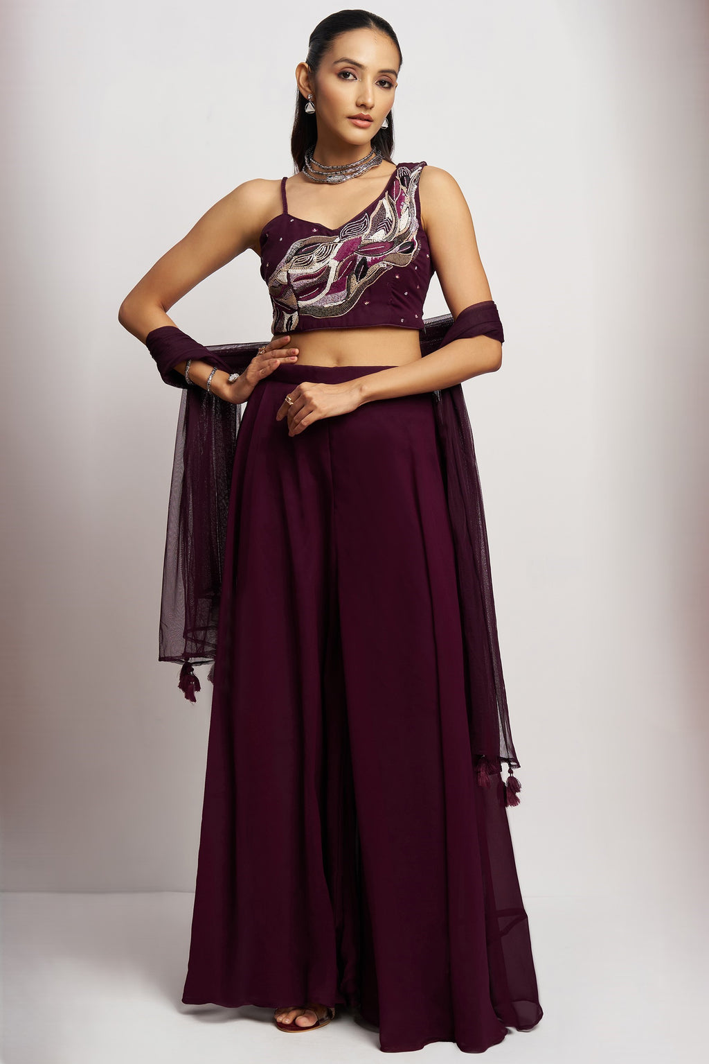 Wine Georgette Palazzo with Blouse with Cap Dupatta For Indian Festivals & Pakistani Weddings - Khatli Work, Hand Work