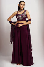 Wine Georgette Palazzo with Blouse with Cap Dupatta For Indian Festivals & Pakistani Weddings - Khatli Work, Hand Work