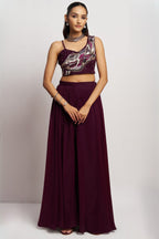 Wine Georgette Palazzo with Blouse with Cap Dupatta For Indian Festivals & Pakistani Weddings - Khatli Work, Hand Work