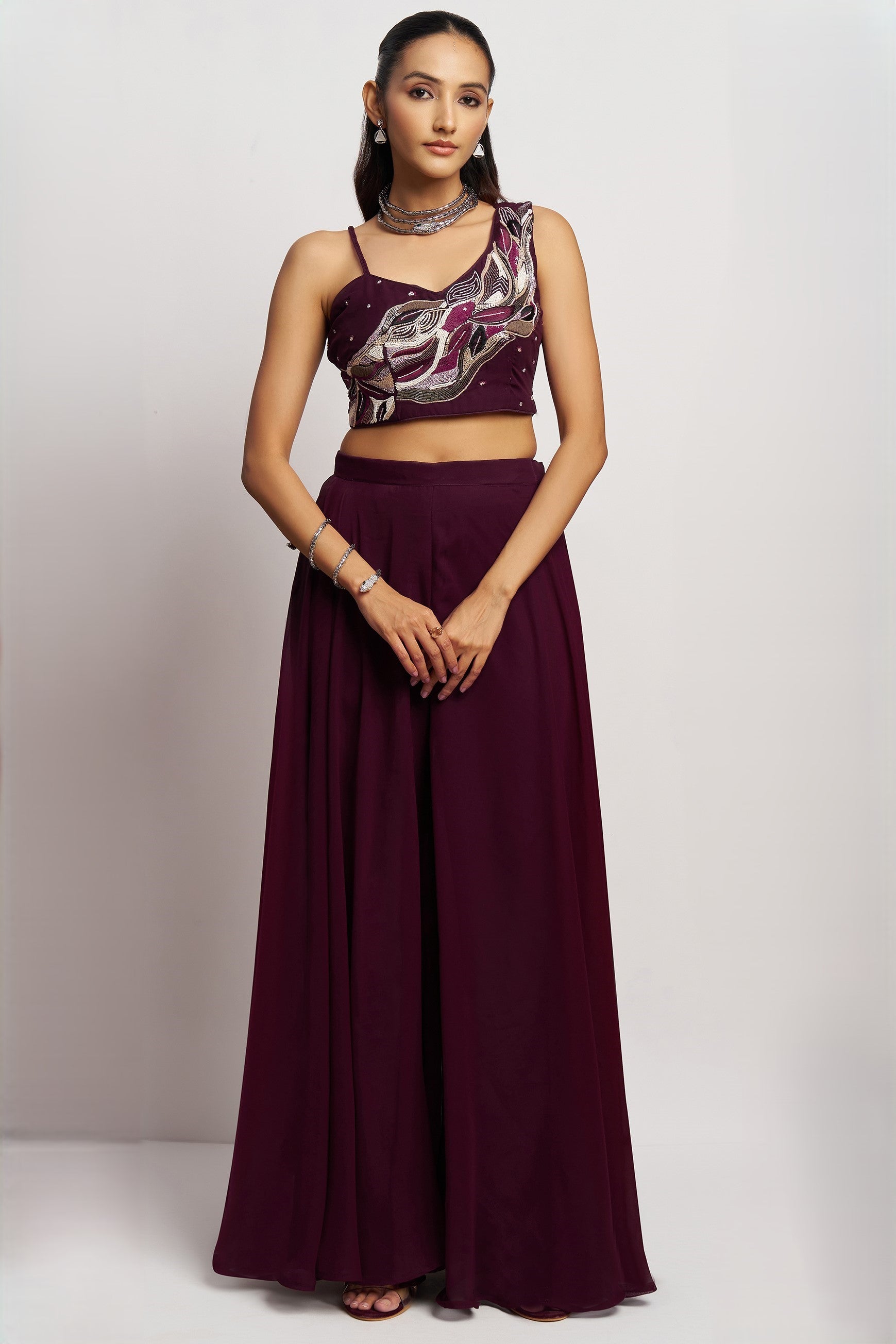 Wine Georgette Palazzo with Blouse with Cap Dupatta For Indian Festivals & Pakistani Weddings - Khatli Work, Hand Work