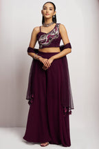 Wine Georgette Palazzo with Blouse with Cap Dupatta For Indian Festivals & Pakistani Weddings - Khatli Work, Hand Work