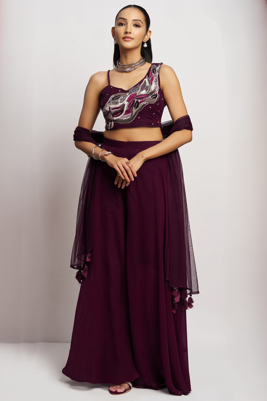 Wine Georgette Palazzo with Blouse with Cap Dupatta For Indian Festivals & Pakistani Weddings - Khatli Work, Hand Work