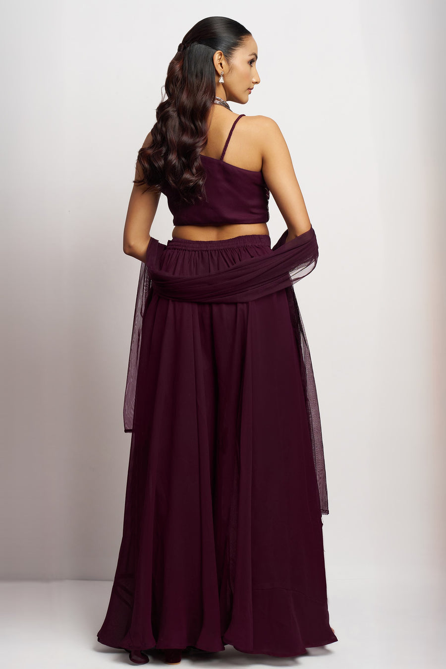 Wine Georgette Palazzo with Blouse with Cap Dupatta For Indian Festivals & Pakistani Weddings - Khatli Work, Hand Work