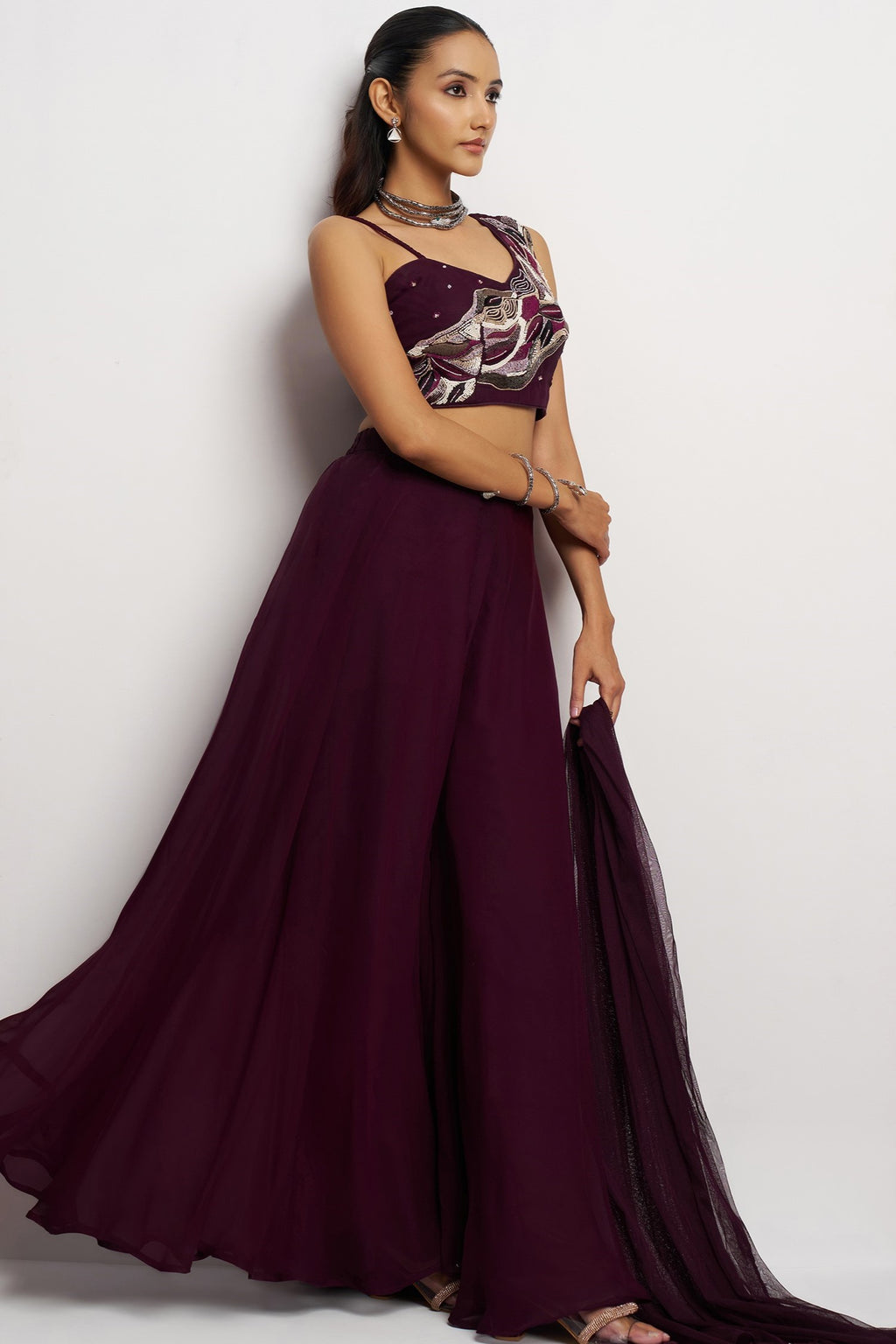 Wine Georgette Palazzo with Blouse with Cap Dupatta For Indian Festivals & Pakistani Weddings - Khatli Work, Hand Work