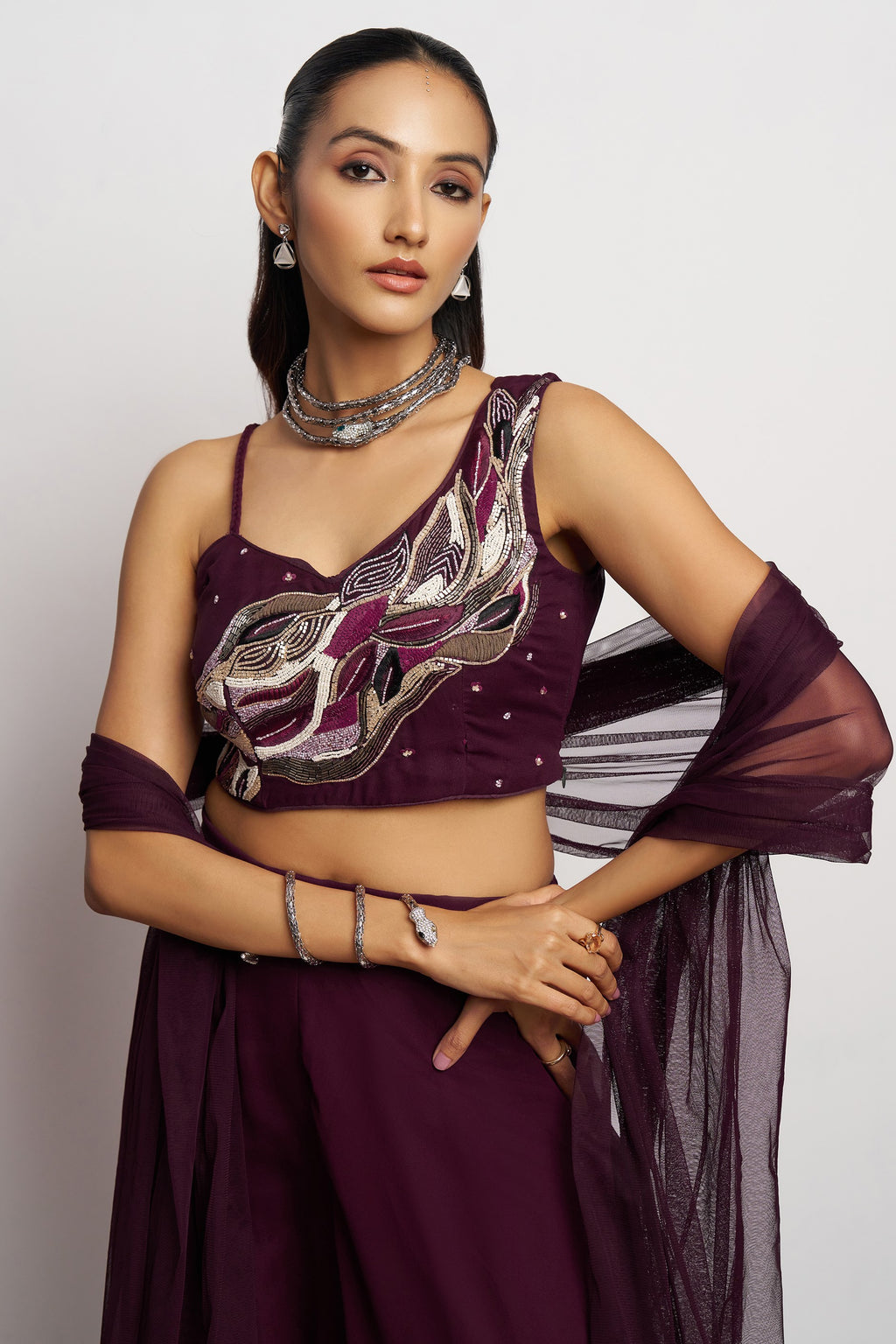 Wine Georgette Palazzo with Blouse with Cap Dupatta For Indian Festivals & Pakistani Weddings - Khatli Work, Hand Work
