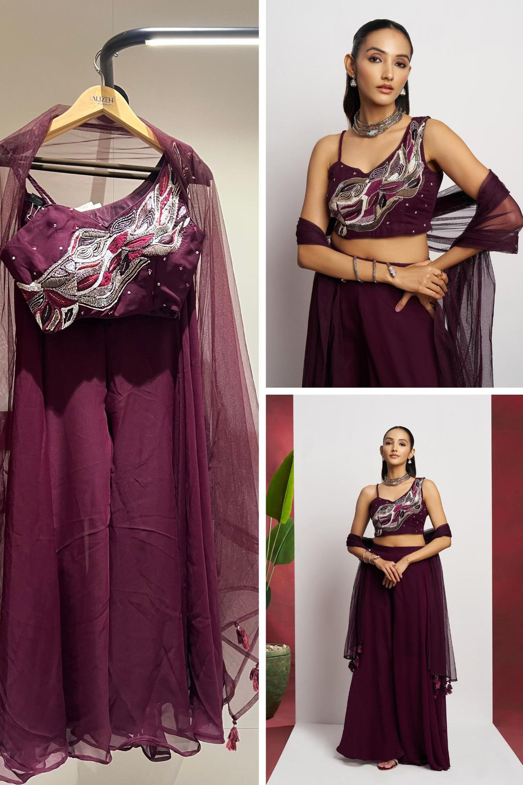 Wine Georgette Palazzo with Blouse with Cap Dupatta For Indian Festivals & Pakistani Weddings - Khatli Work, Hand Work