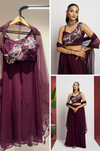 Wine Georgette Palazzo with Blouse with Cap Dupatta For Indian Festivals & Pakistani Weddings - Khatli Work, Hand Work