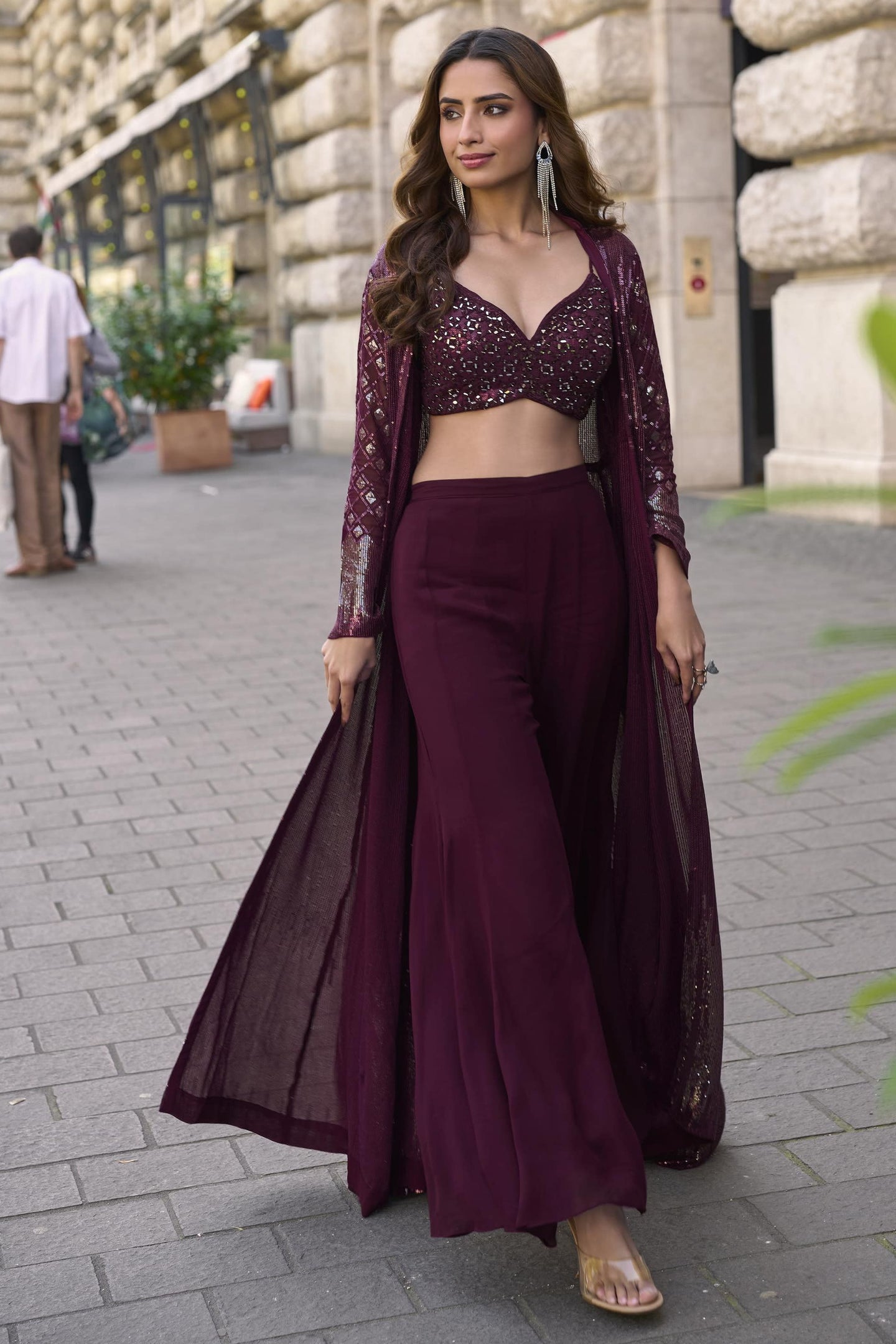 Wine Georgette Plazo Choli With Jacket For Indian & Pakistani Wedding Festival - Thread & Sequins Embroidery Work