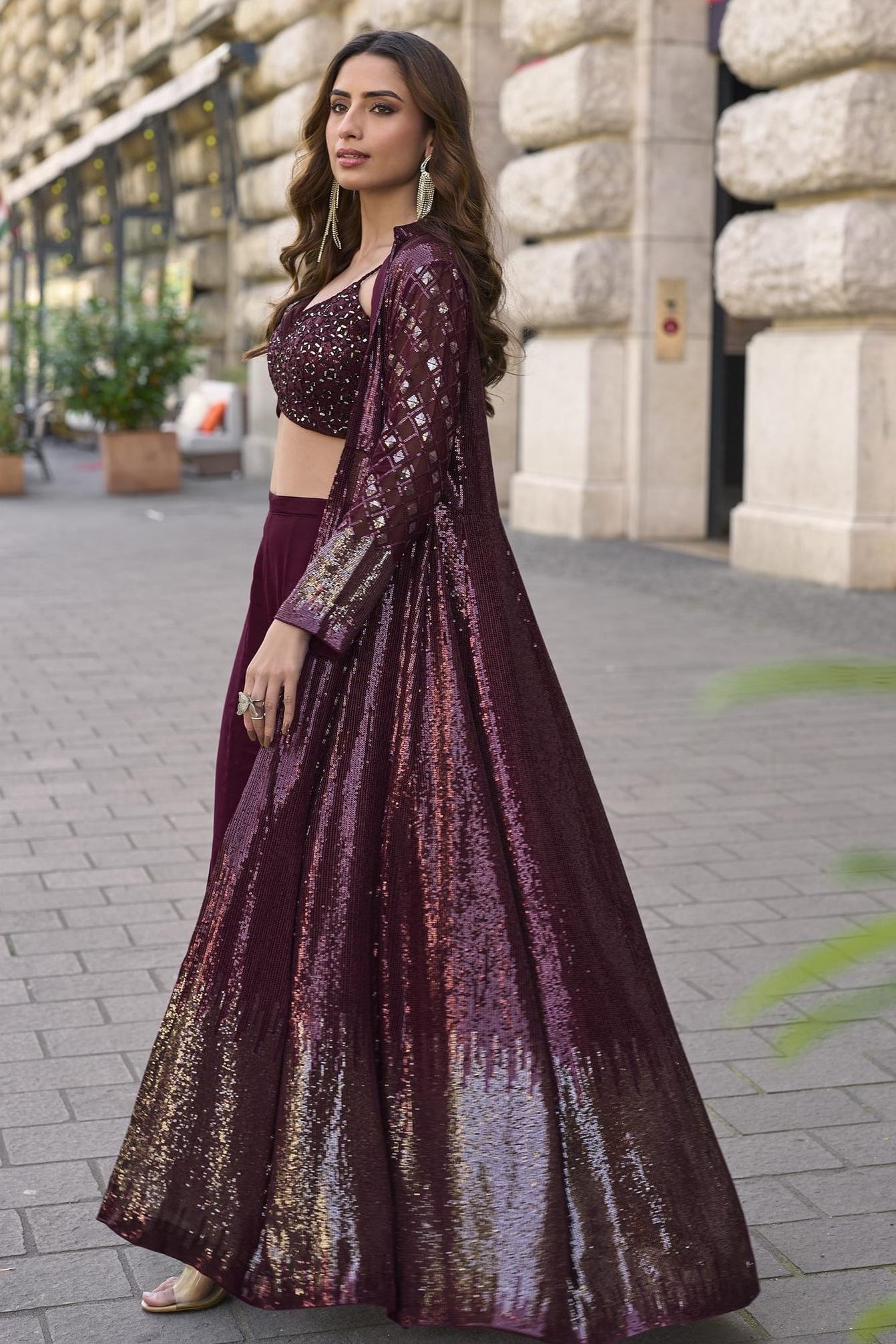 Wine Georgette Plazo Choli With Jacket For Indian & Pakistani Wedding Festival - Thread & Sequins Embroidery Work