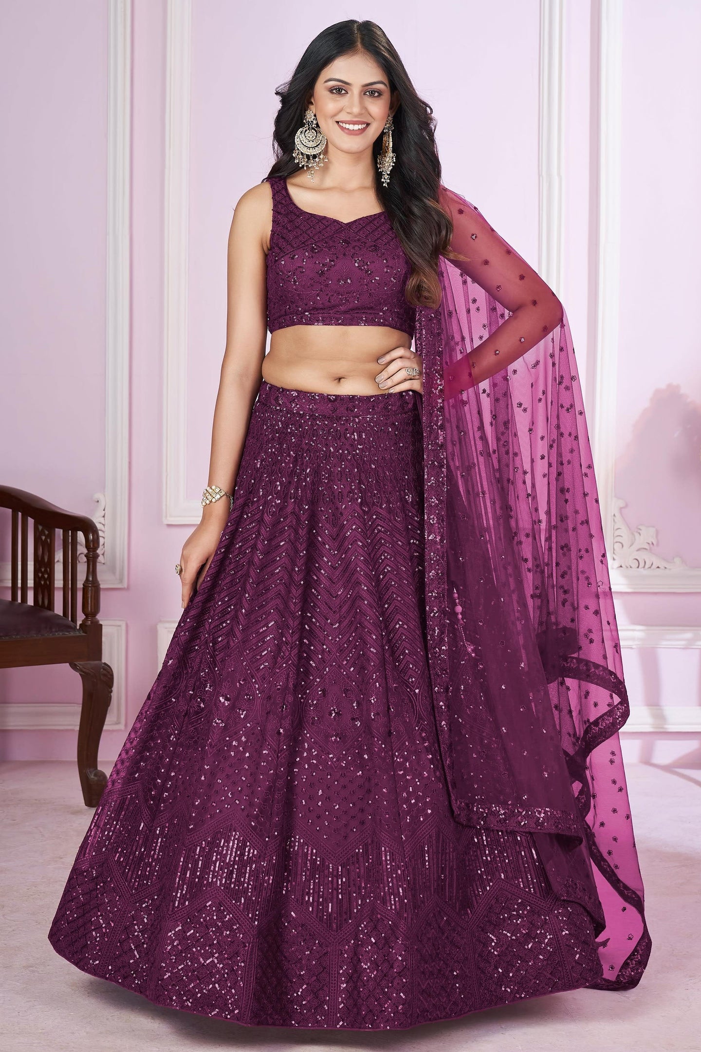 Purple Net Lehenga Choli For Indian & Pakistani Wedding Festival - Sequins & Thread Embroidery Work