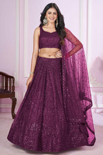 Wine Net Lehenga Choli For Indian & Pakistani Wedding Festival - Sequins & Thread Embroidery Work