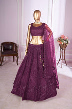 Wine Net Lehenga Choli For Indian & Pakistani Wedding Festival - Sequins & Thread Embroidery Work