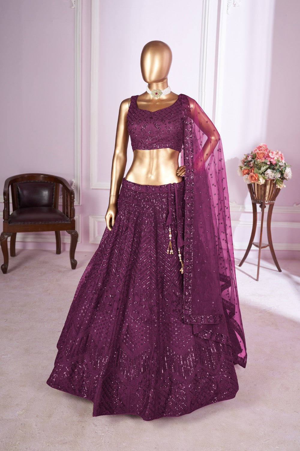 Wine Net Lehenga Choli For Indian & Pakistani Wedding Festival - Sequins & Thread Embroidery Work
