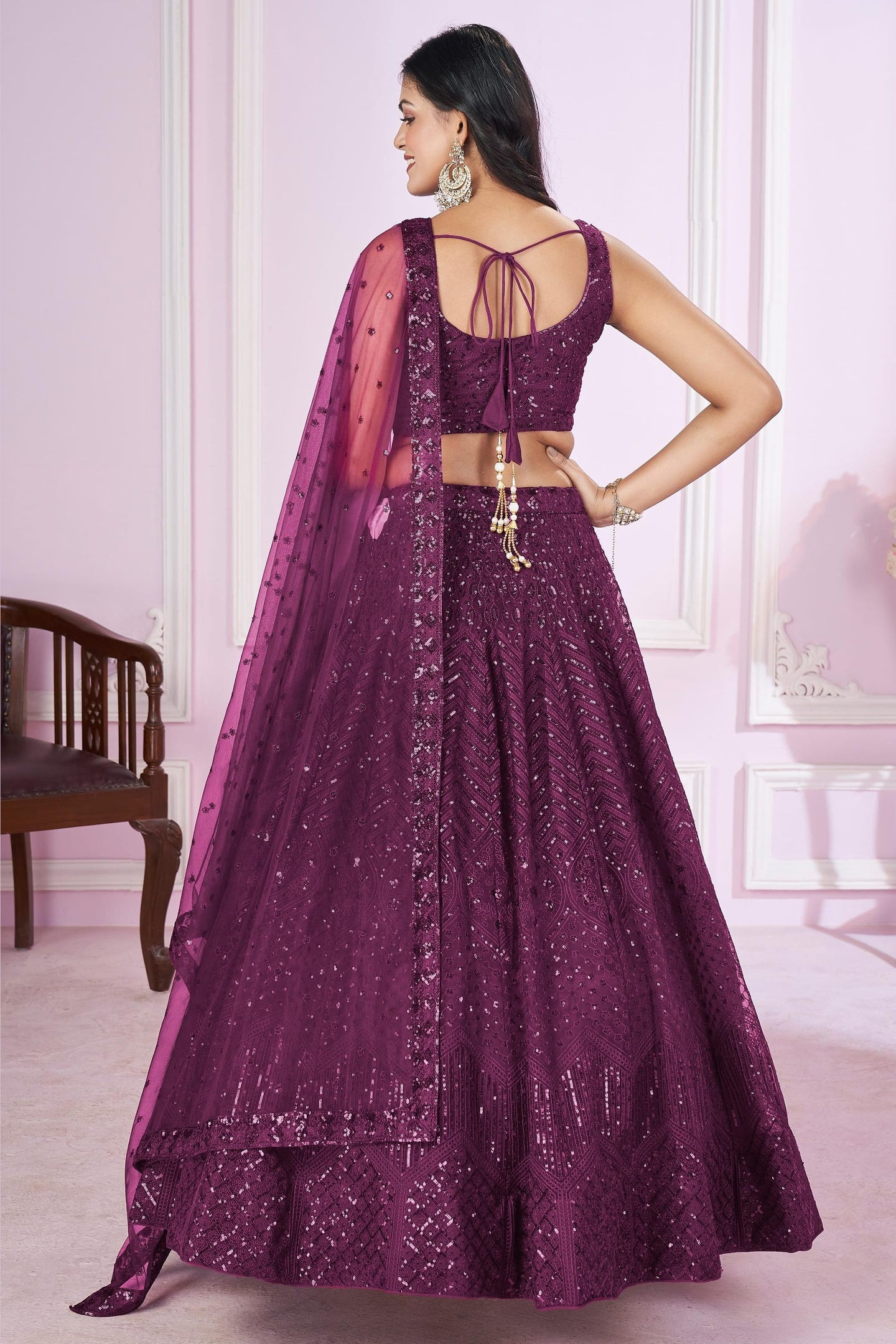 Purple Net Lehenga Choli For Indian & Pakistani Wedding Festival - Sequins & Thread Embroidery Work