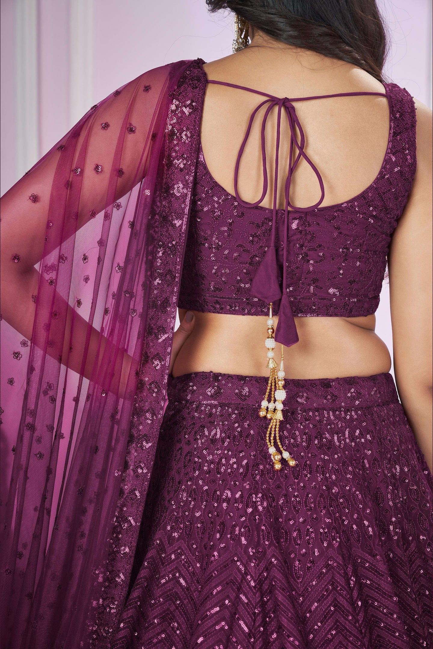 Purple Net Lehenga Choli For Indian & Pakistani Wedding Festival - Sequins & Thread Embroidery Work
