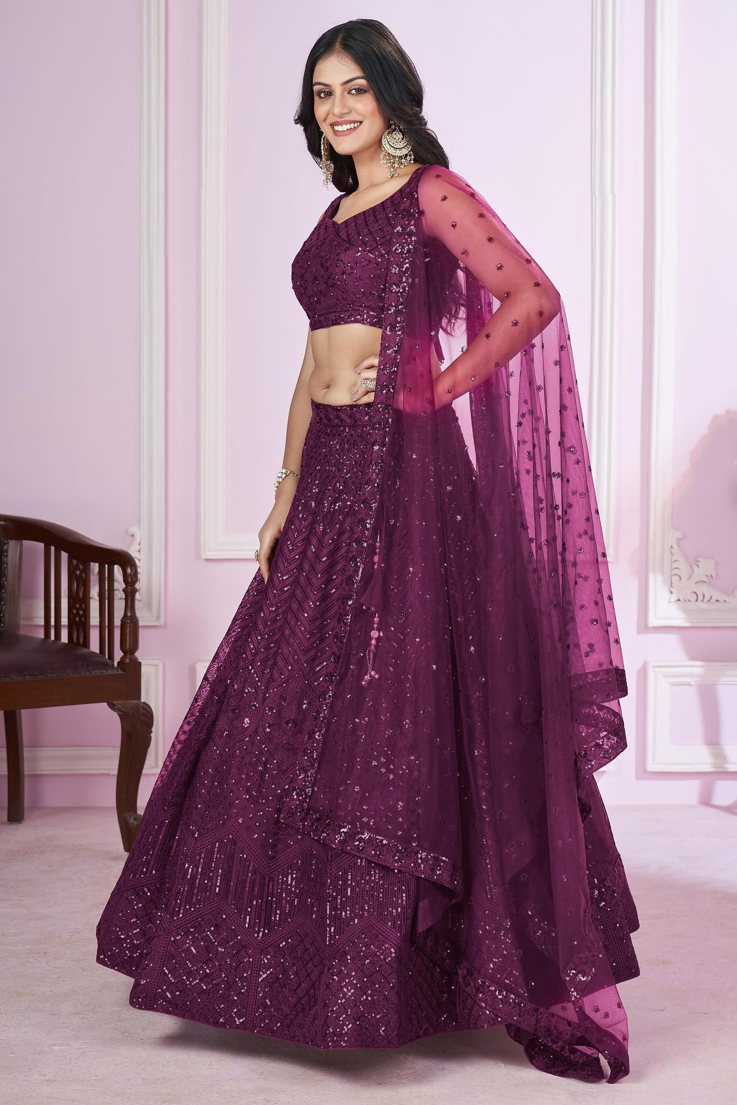 Purple Net Lehenga Choli For Indian & Pakistani Wedding Festival - Sequins & Thread Embroidery Work