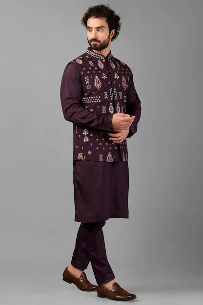 Wine Silk Men's Wedding Suit Waistcoat, Kurta with Pant - Embroidery Work