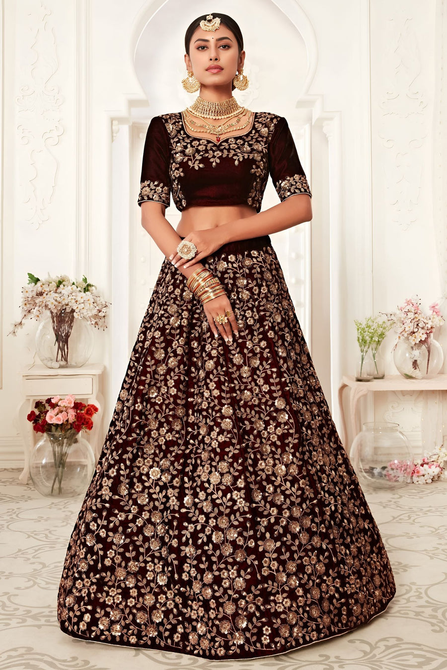 Wine Zari Work Velvet Lehenga Choli for Wedding