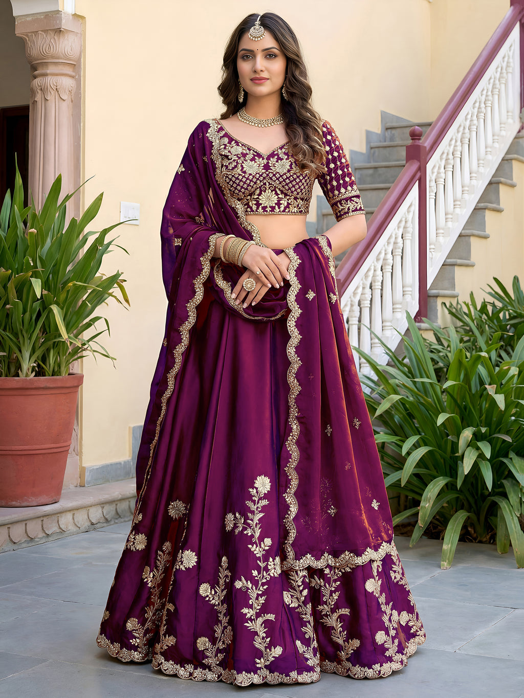 Wine Purple Rangoli Silk Wedding Lengha for Women with Zari and Sequins Work