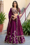 Wine Purple Rangoli Silk Wedding Lengha for Women with Zari and Sequins Work