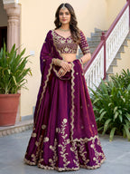 Wine Purple Rangoli Silk Wedding Lengha for Women with Zari and Sequins Work