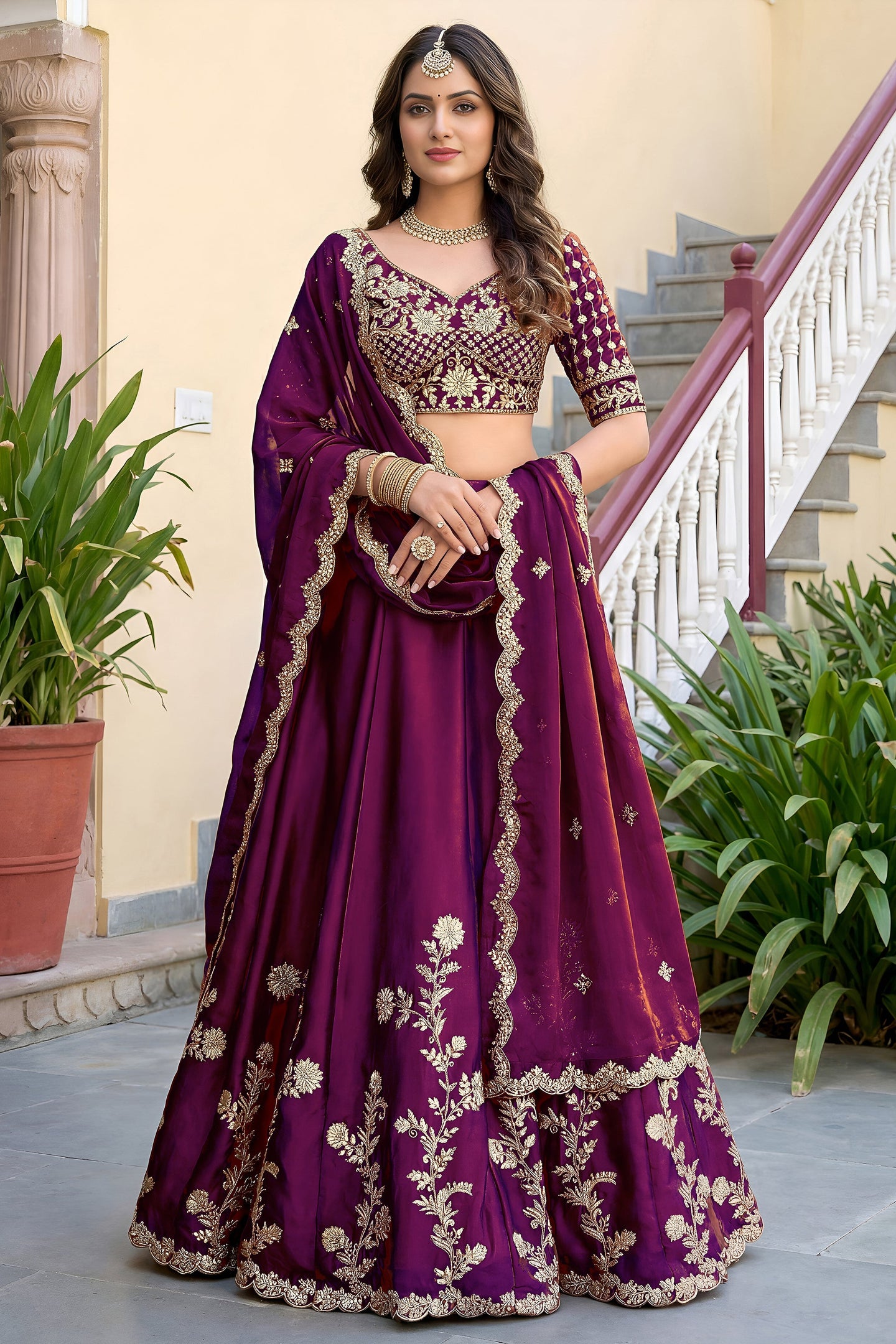 Wine Purple Rangoli Silk Wedding Lengha for Women with Zari and Sequins Work