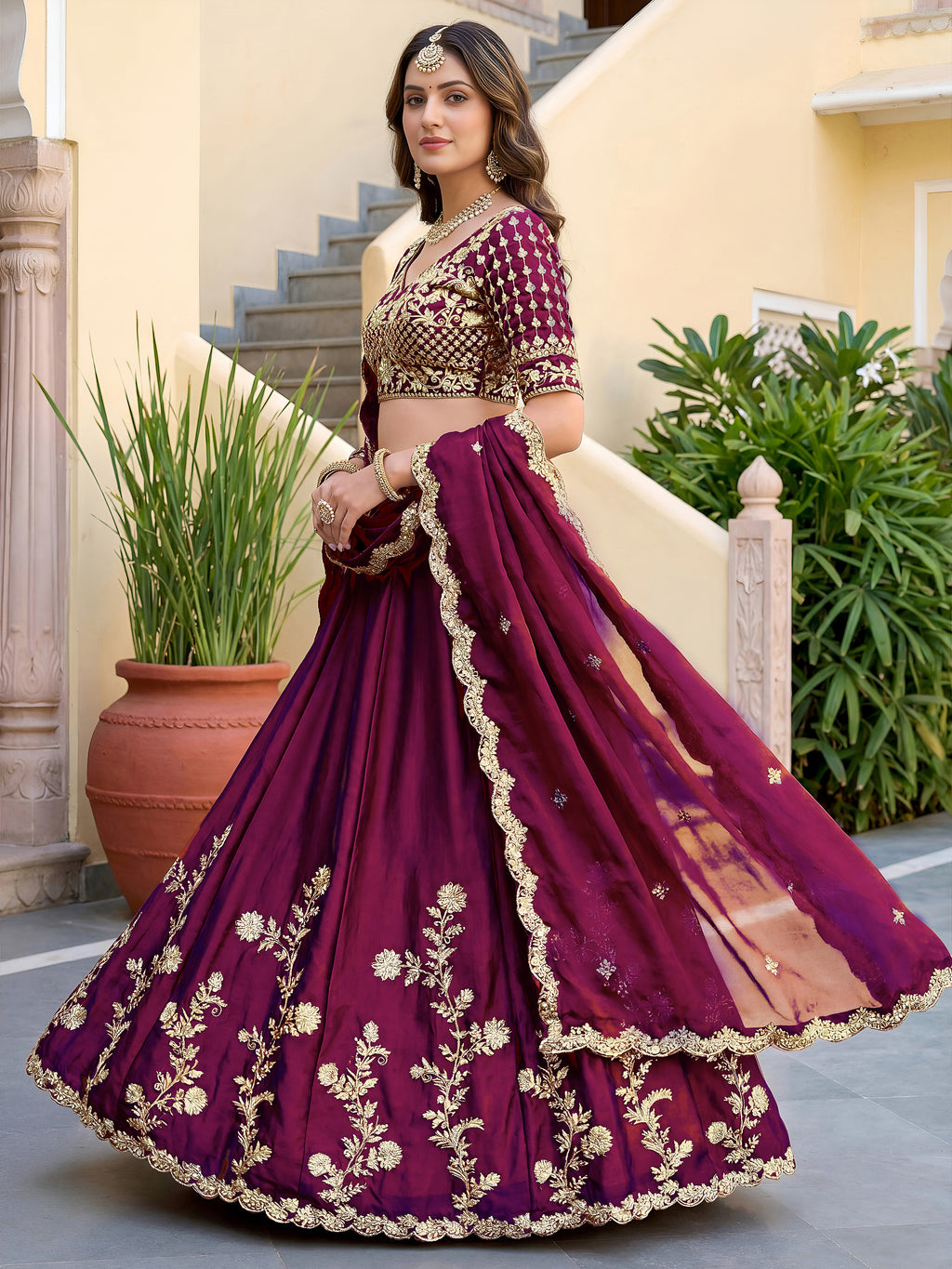 Wine Purple Rangoli Silk Wedding Lengha for Women with Zari and Sequins Work