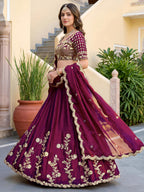 Wine Purple Rangoli Silk Wedding Lengha for Women with Zari and Sequins Work