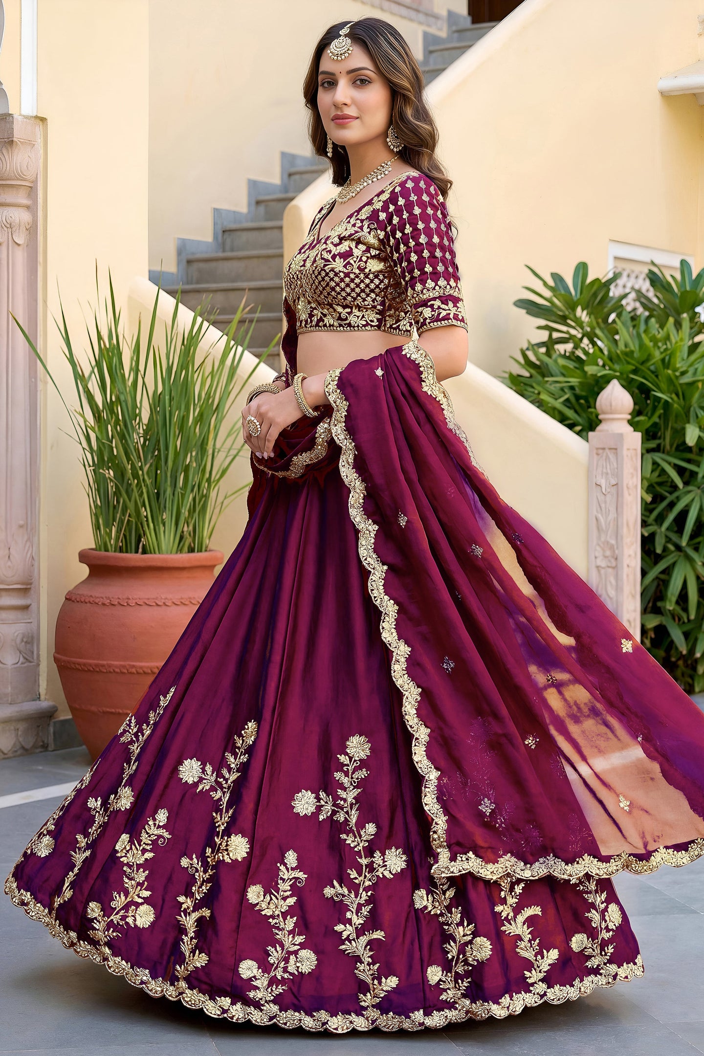 Wine Purple Rangoli Silk Wedding Lengha for Women with Zari and Sequins Work