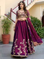 Wine Purple Rangoli Silk Wedding Lengha for Women with Zari and Sequins Work