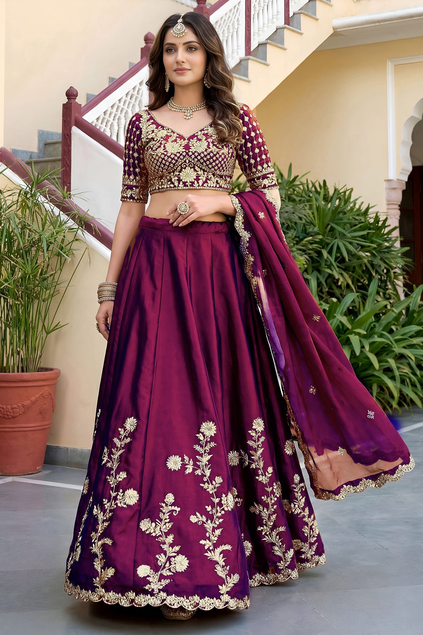 Wine Purple Rangoli Silk Wedding Lengha for Women with Zari and Sequins Work