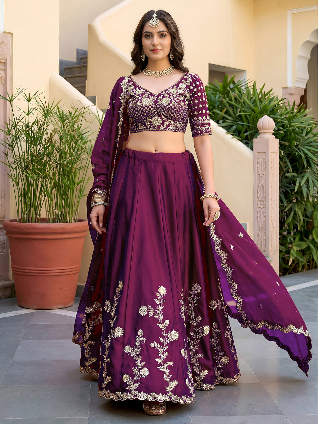 Wine Purple Rangoli Silk Wedding Lengha for Women with Zari and Sequins Work
