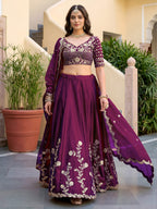 Wine Purple Rangoli Silk Wedding Lengha for Women with Zari and Sequins Work