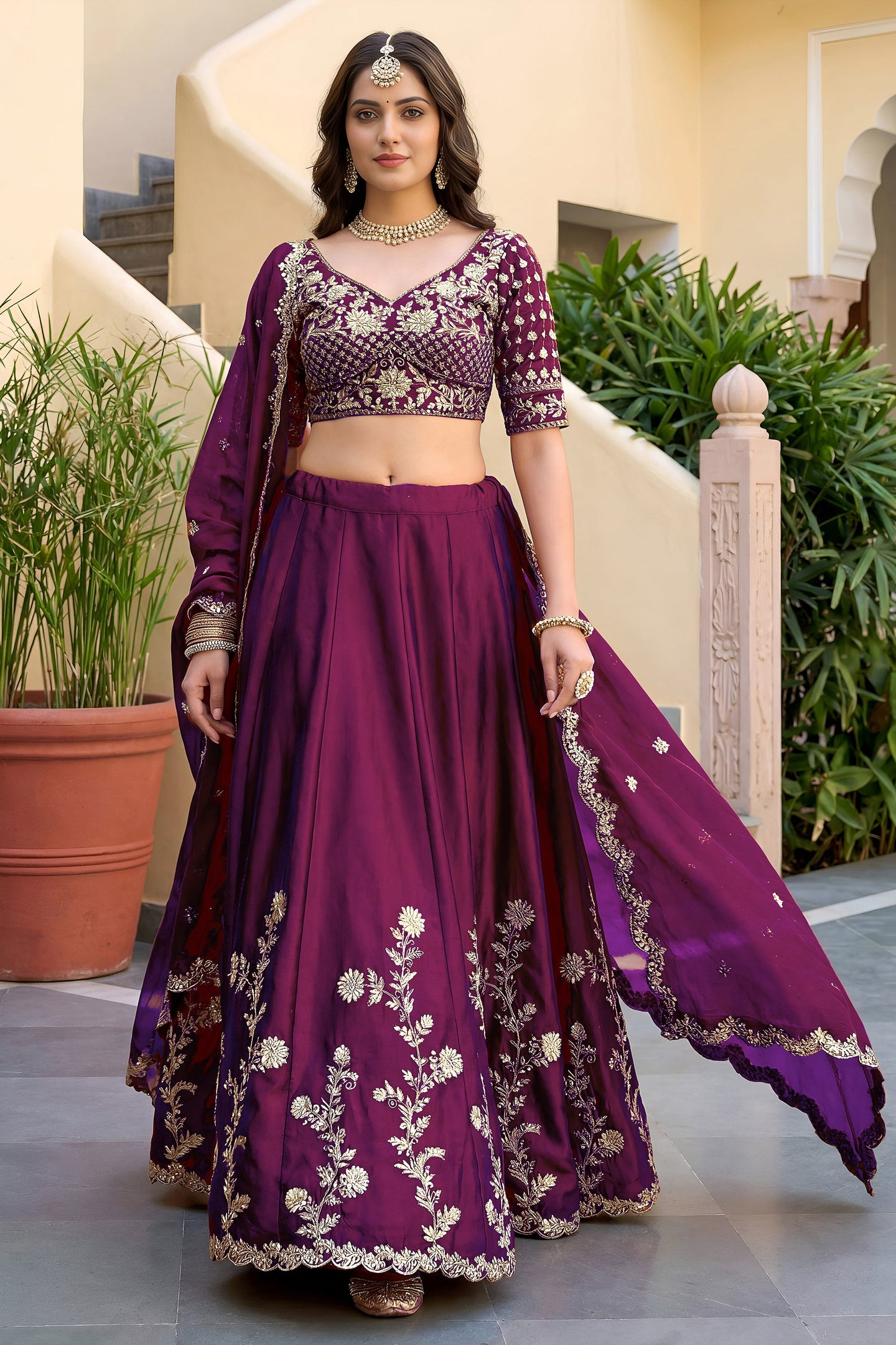 Wine Purple Rangoli Silk Wedding Lengha for Women with Zari and Sequins Work