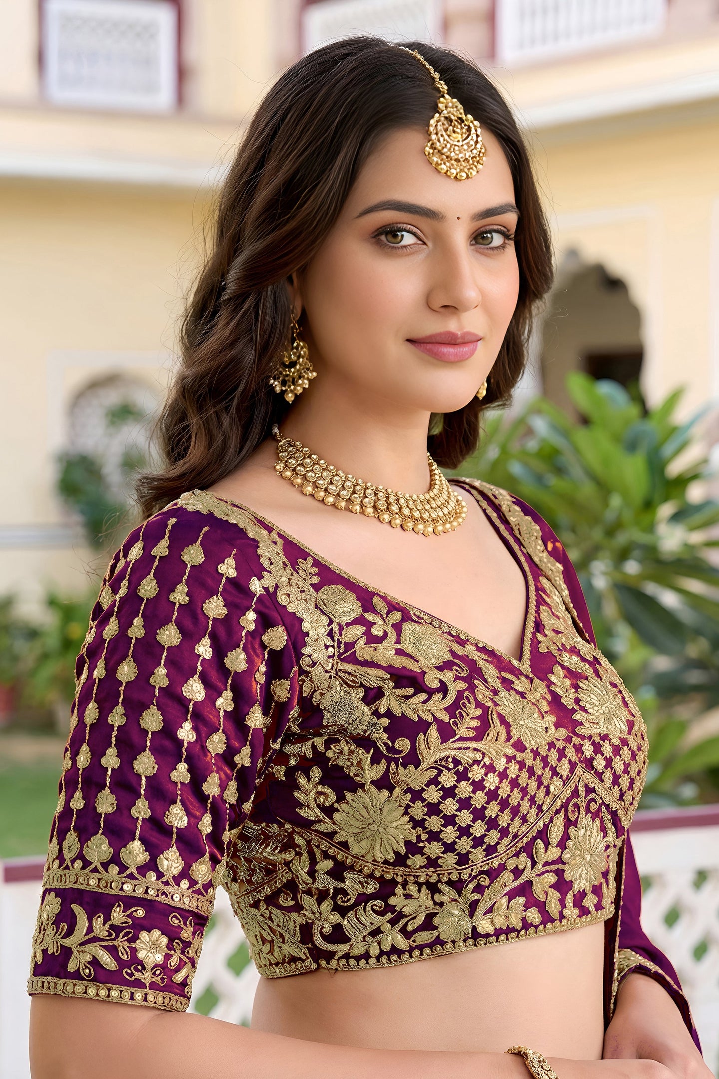 Wine Purple Rangoli Silk Wedding Lengha for Women with Zari and Sequins Work
