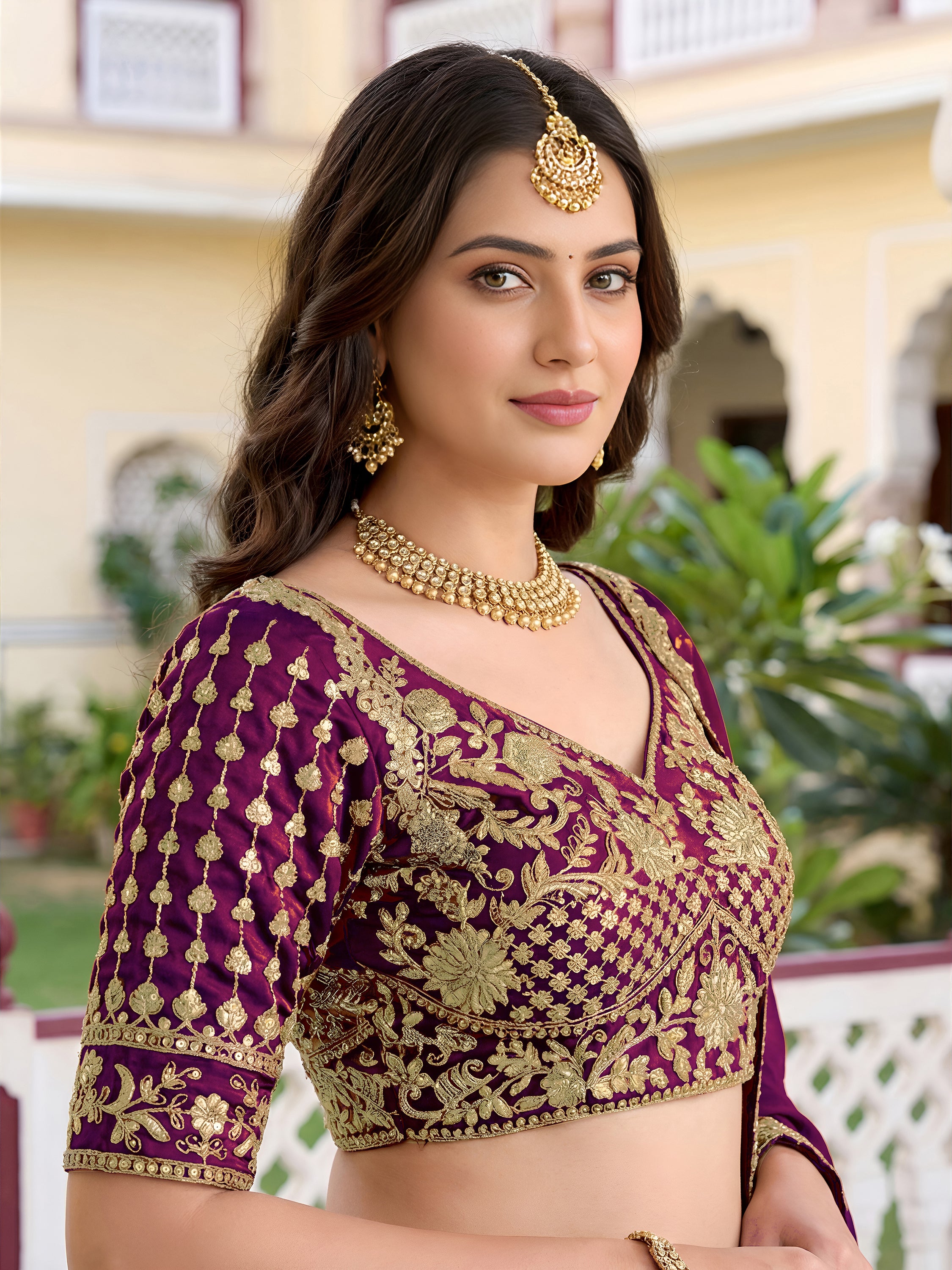 Wine Purple Rangoli Silk Wedding Lengha for Women with Zari and Sequins Work