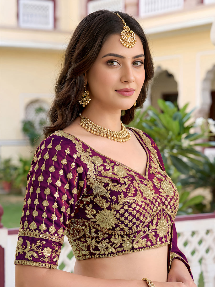 Wine Purple Rangoli Silk Wedding Lengha for Women with Zari and Sequins Work