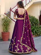 Wine Purple Rangoli Silk Wedding Lengha for Women with Zari and Sequins Work